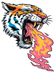 Modern Pop Art Tiger Design with Intense Expression and Fire Details