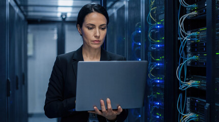 Woman server data center laptop network technology professional engineer woman server data center laptop network technology