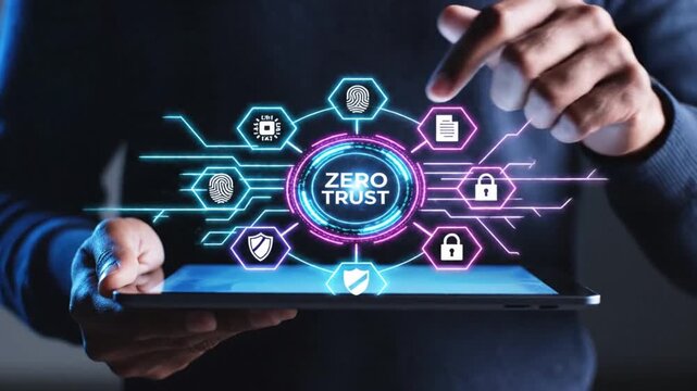 A person displays a tablet showing a network of digital security icons and the words zero trust illustrating modern cybersecurity concepts