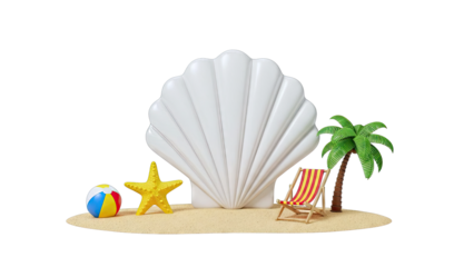Tropical Beach Scene with Shell, Palm Tree, and Beach Chair