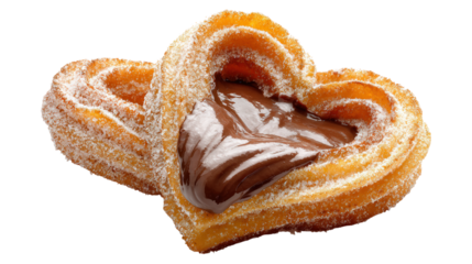 Pair of heart shaped churros filled with chocolate isolated on transparent food