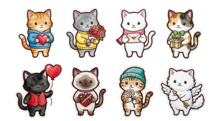 Valentine cat sticker set including kittens with hearts, flowers, gifts, and cupid wings isolated. Romantic holiday animal character collection.