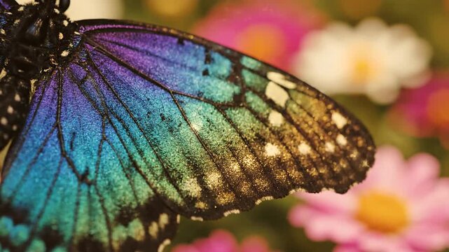 Close-up of a vibrant butterfly wing showcasing colorful patterns and flower bokeh.