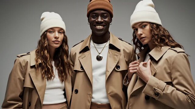 Three people wearing beige trench coats and beanies standing together