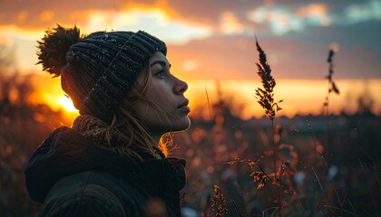 Young woman in a knitted hat looking up at the sky during a vibrant sunset in a field.