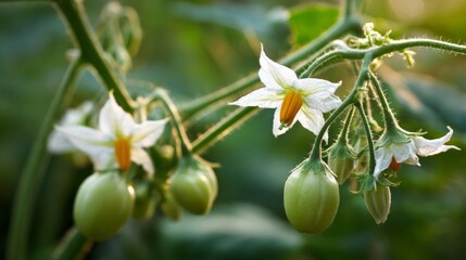 Obraz premium Fresh Green Eggplant Blossoms and Fruits on Organic Plant