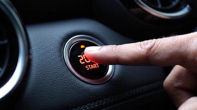 A close up view of a finger poised to press the illuminated start stop button inside a modern vehicle displaying 2027