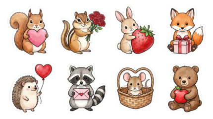 Cute forest animal set including squirrel, chipmunk, rabbit, fox, hedgehog, raccoon, mouse, and bear isolated. Valentine and holiday sticker collection.