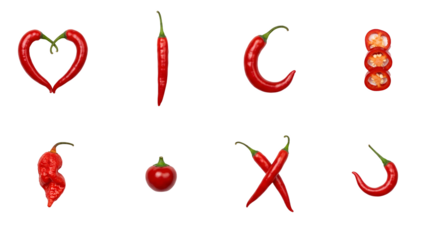 Red chili pepper set including heart shape, whole, sliced, crossed, and curved variants isolated. Spicy ingredient and hot food collection.