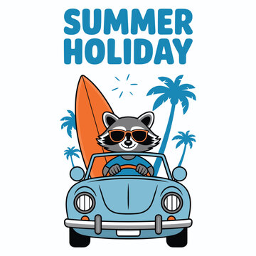 Raccoon Driving Convertible Car with Surfboard on Summer Holiday