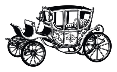 Naklejka premium Elegant historic horsedrawn carriage with ornate details, suitable for historical themed projects, luxury travel content, and classic event promotions.