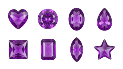 Purple amethyst gemstone set including heart, round, oval, pear, square, emerald, marquise, and star cuts isolated. Luxury jewelry and precious stone collection.