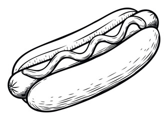 Classic engraved hot dog in a bun with mustard perfect for vintage food menus restaurant promotions or fast food branding