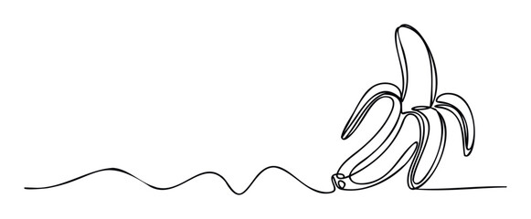 Stylized single stroke illustration of an opened banana, suitable for healthy eating campaigns, fitness advertising, or food related presentations.