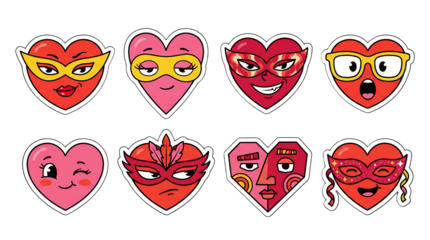 Heart character set including various expressions with masks and glasses isolated. Valentine day and party celebration sticker collection.