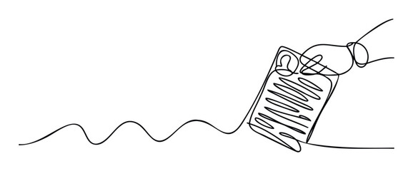 Monoline artwork presenting a hand holding and using a contemporary touchscreen tablet or smartphone while sketching an undulating path, excellent for modern technology and graphic