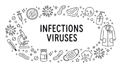 Obraz premium Hand drawn doodle style medical icons representing infections and viruses with essential healthcare tools and prevention methods for health and science content