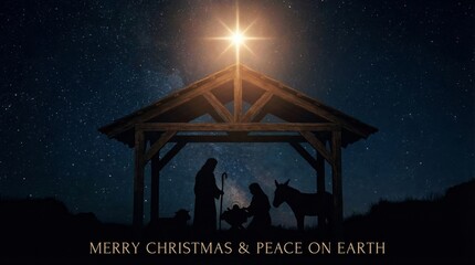 Peaceful night nativity scene with bright star and silhouettes celebrating christmas