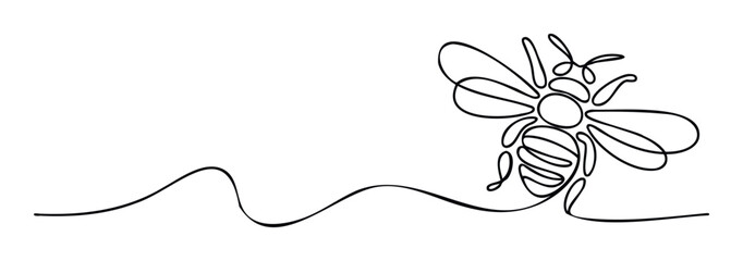 Elegant continuous line drawing of a flying bee following a delicate wavy path, ideal for sophisticated nature themed branding and environmental protection campaigns.