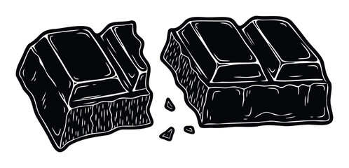 Stylized graphic of a rich dark chocolate bar snapped into two distinct sections with scattered fragments, suitable for confectionery packaging, sweet treat marketing, or culinary menu