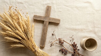 Rustic autumn still life with wooden cross, wheat, and pottery for thanksgiving or harvest decor