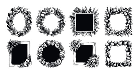 Black and white hand drawn botanical frames and natural wreaths provide elegant decorative borders for rustic event invitations, branding materials, or organic product packaging.