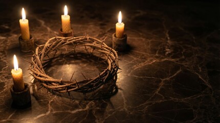 Reflection on suffering and sacrifice with crown of thorns and candlelight for religious observance and meditation