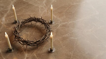 Spiritual reflection with crown of thorns and candle arrangement on marble surface
