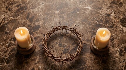 Crown of thorns with burning candles on marble surface for religious reflection and easter meditation