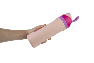 Hand holding cup cold storage. Tumbler glass cold store. on transparent background.