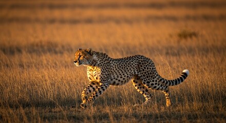 A cheetah sprints across a golden savanna, bathed in the warmth of the setting sun