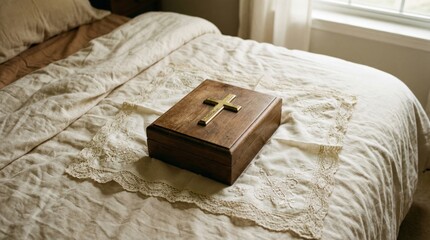 Religious wooden box with cross on lace cloth in peaceful bedroom setting for interior decor inspiration