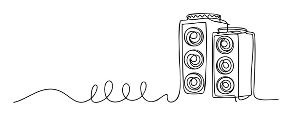 Continuous line drawing of two modern sound speakers connected by an undulating wire, perfect for audio technology marketing, music event invitations, or entertainment industry branding