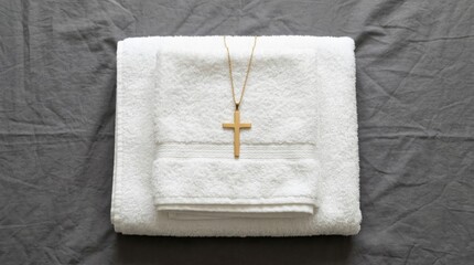Elegant gold cross pendant on soft white towels displayed on dark fabric background for home decor or religious themes