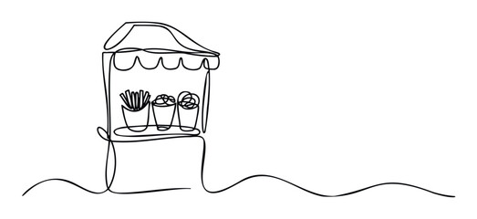 Continuous line drawing of a food stall with french fries and snacks, perfect for fast food marketing, restaurant menus, or casual dining promotions seeking a simple, engaging visual.