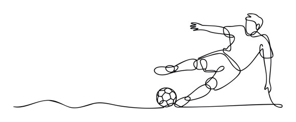 Dynamic one continuous line drawing of a soccer player kicking a football, ideal for sports event promotions, athletic apparel marketing, or engaging website graphics.