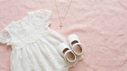 Baby christening outfit with elegant white dress and shoes on soft pink background
