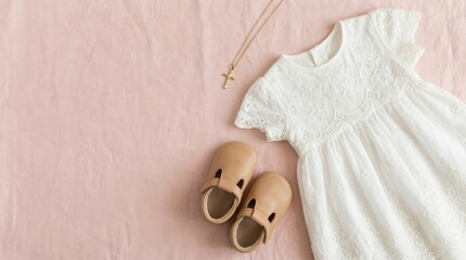 Elegant baptism ensemble with white lace dress and accessories for infant christening ceremony layout