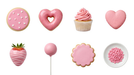 Pink dessert set including sugar cookie, donut, cupcake, macaron, strawberry, cake pop, and heart sprinkles. Valentines day sweets and bakery treats collection.