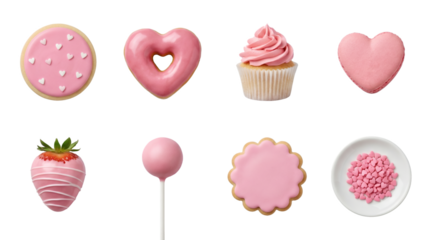 Pink dessert set including sugar cookie, donut, cupcake, macaron, strawberry, cake pop, and heart sprinkles. Valentines day sweets and bakery treats collection.