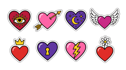 Colorful heart sticker set including eye, arrow, moon, wings, crown, lock, bolt, and flower motifs isolated. Romantic symbol collection for valentines and scrapbooking.