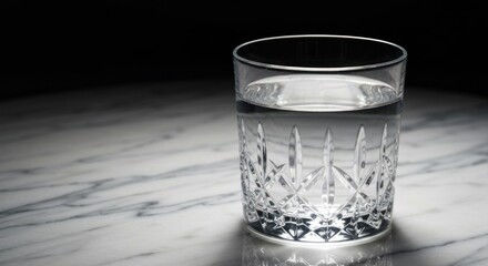 A clear crystal glass filled with water sits on a marble surface against a black backdrop
