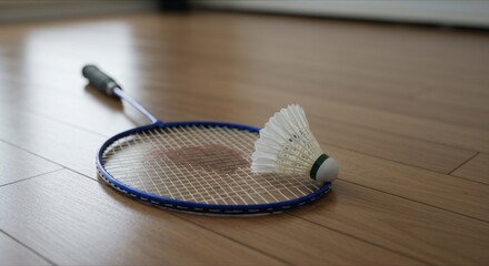 A badminton racket rests next to a shuttlecock on a wood floor, indoors
