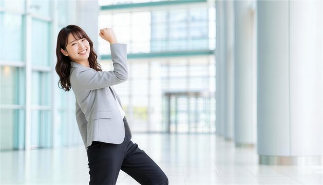 広いオフィスロビーでガッツポーズをするビジネス女性