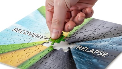 Hand placing a puzzle piece into a circular puzzle with sections labeled RECOVERY and RELAPSE, symbolizing the journey of addiction and recovery.
