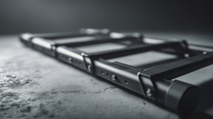 A compact speed ladder folded neatly into aligned sections across a clean matte floor side lighting producing crisp