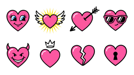 Pink heart sticker set including smiling, winged, arrowed, cool, devil, crowned, broken, and locked variations isolated. Romantic and expressive collection for valentines day.