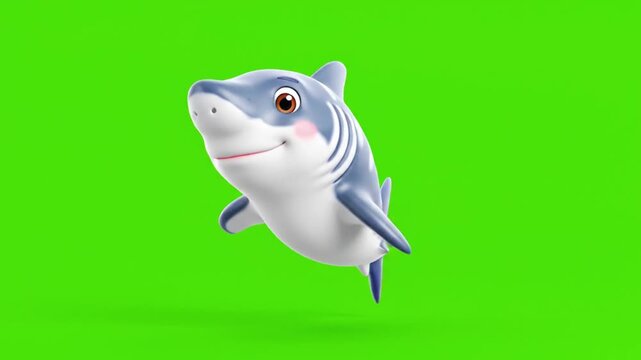 A cheerful blue and white cartoon shark with a big friendly smile swims playfully against a vibrant green screen.