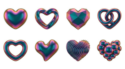 Iridescent heart set including smooth, faceted, ribbon, knotted, ribbed, and bubble variants isolated. Romantic decorative elements with metallic holographic finish.