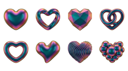 Iridescent heart set including smooth, faceted, ribbon, knotted, ribbed, and bubble variants isolated. Romantic decorative elements with metallic holographic finish.